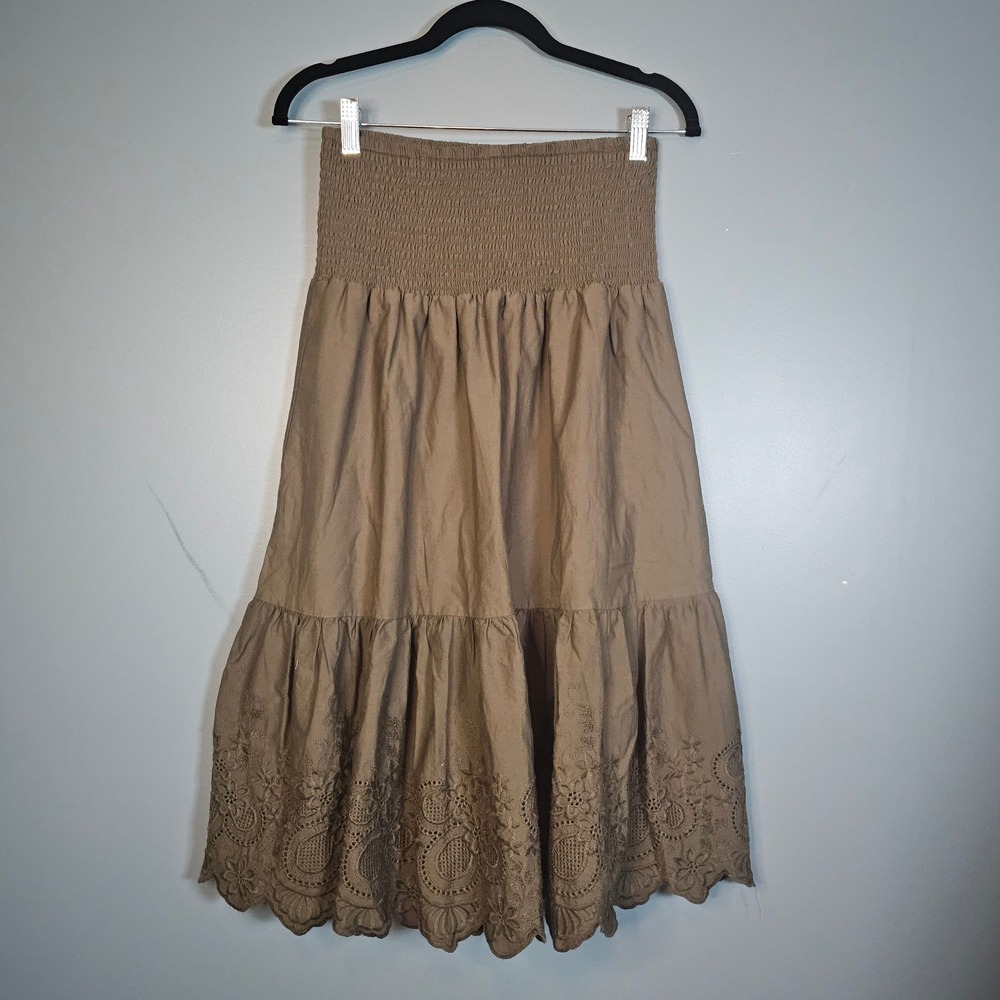 Jason Wu Women's Green Smocked Lined Midi Skirt Eyelet Lace Tiered Boho Size‎ M